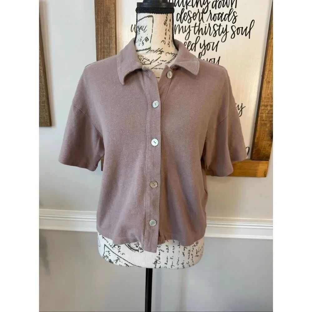 Madewell Women's Collared Button Front Short Sleeve Cardigan Sweater Brown Small